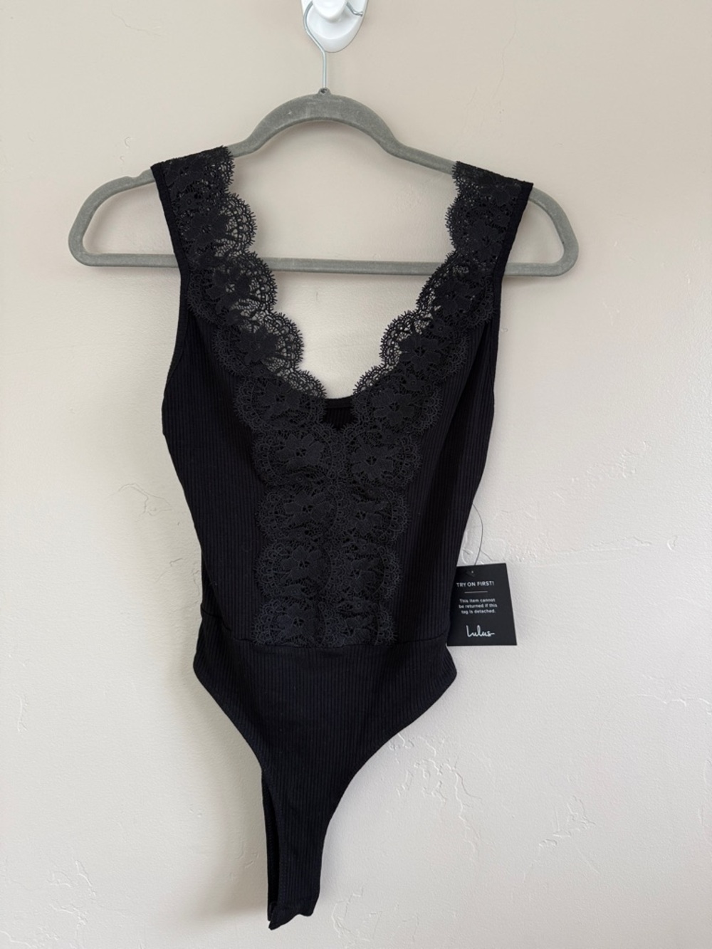 Lulu's Black Ribbed Lace-Trim Bodysuit size S